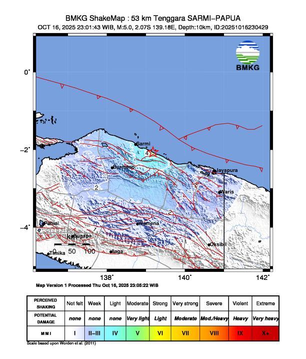 Gempa Magnitudo 5.0, 53km dari Tenggara Sarmi Papua