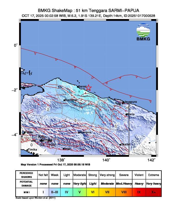 Gempa Magnitudo 5.2, 51km dari Tenggara Sarmi Papua