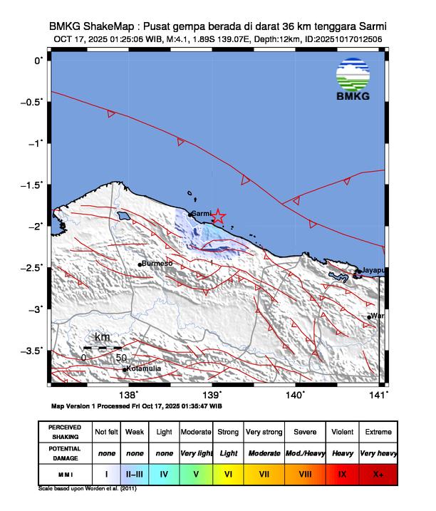 Gempa Magnitudo 4.1, 36km dari Tenggara Sarmi