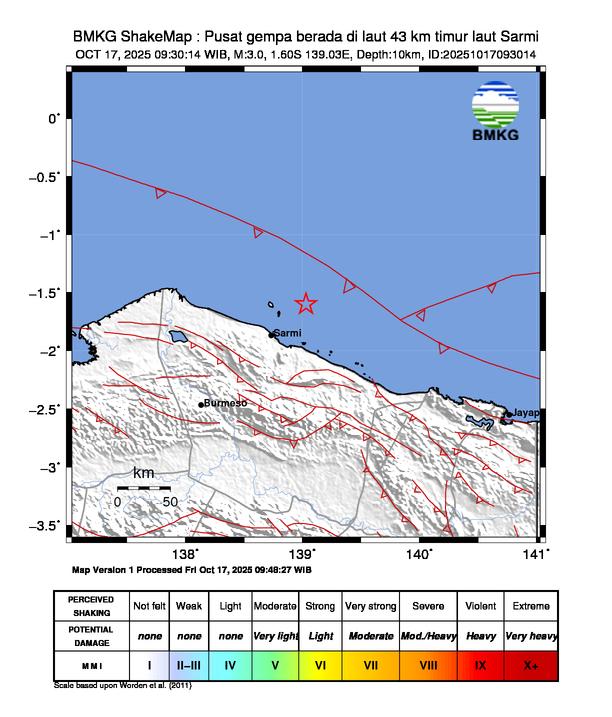 Gempa Magnitudo 3.0, 43km dari Timur Laut Sarmi