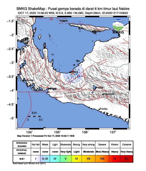 Gempa Magnitudo 3.9, 6km dari Timur Laut Nabire