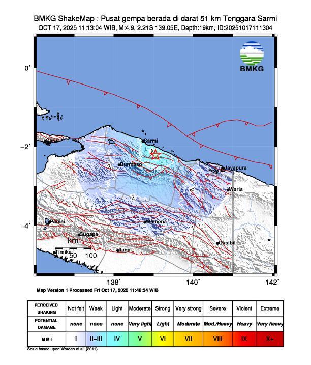 Gempa Magnitudo 4.9, 51km dari Tenggara Sarmi