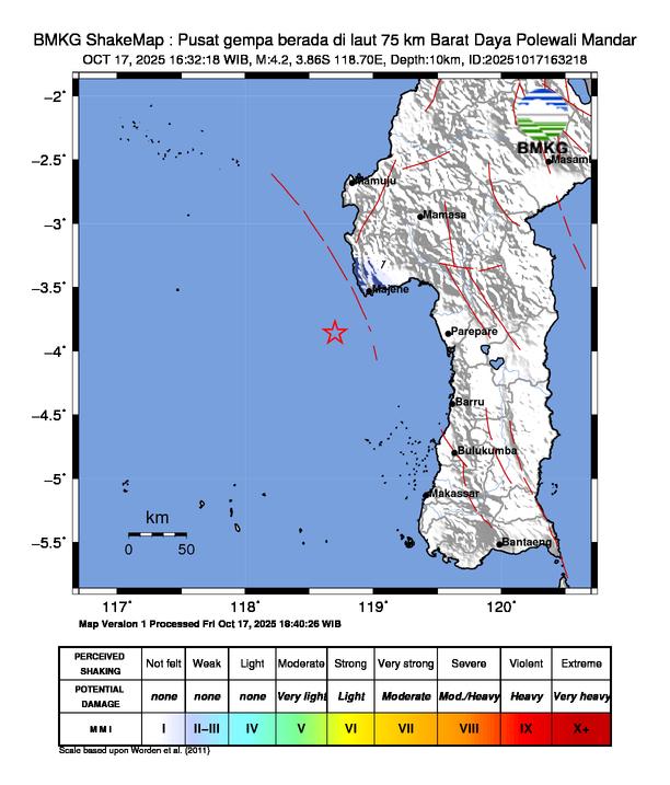 Gempa Magnitudo 4.2, 75km dari Barat Daya Polewali Mandar