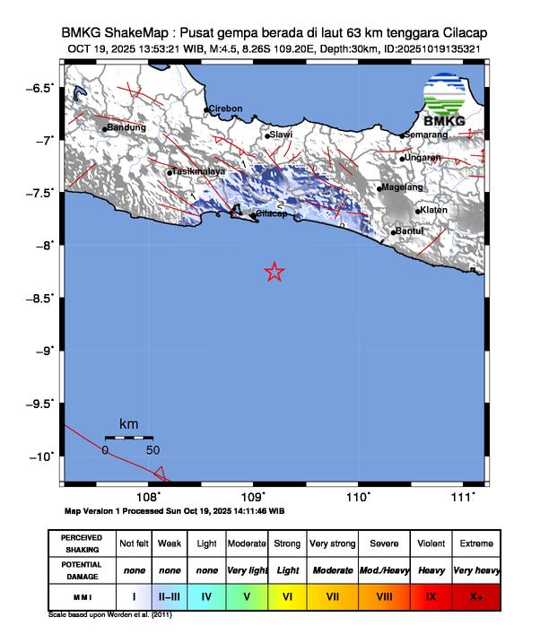 Gempa Magnitudo 4.5, 63km dari dari Tenggara Cilacap