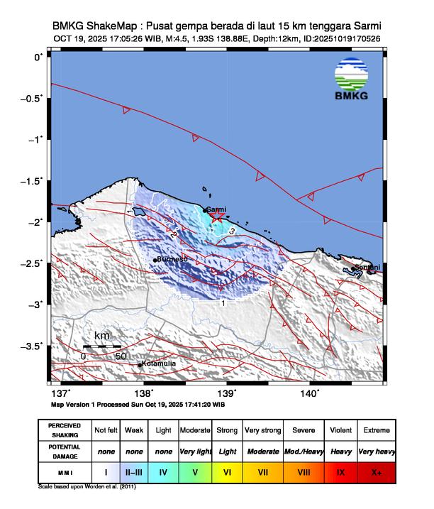 Gempa Magnitudo 4.5, 15km dari Tenggara Sarmi