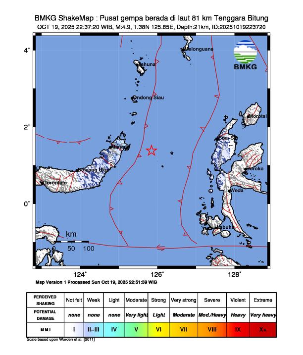 Gempa Magnitudo 4.9, 81km dari Tenggara Bitung