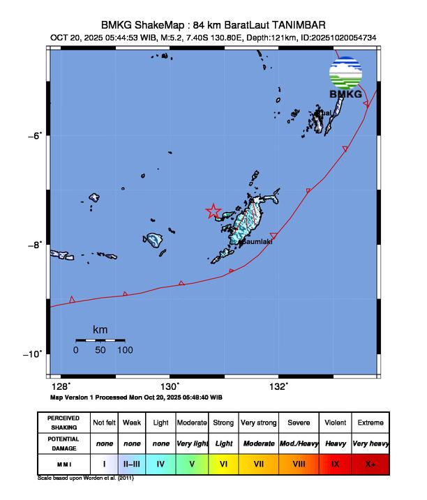 Gempa Magnitudo 5.2, 84km dari Barat Laut Tanimbar