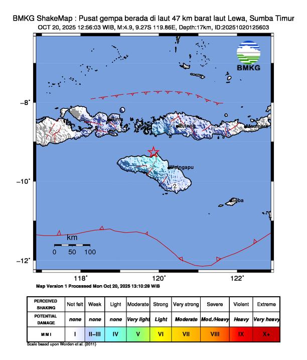 Gempa Magnitudo 4.9, 47km dari Barat Laut Lewa, Sumba Timur