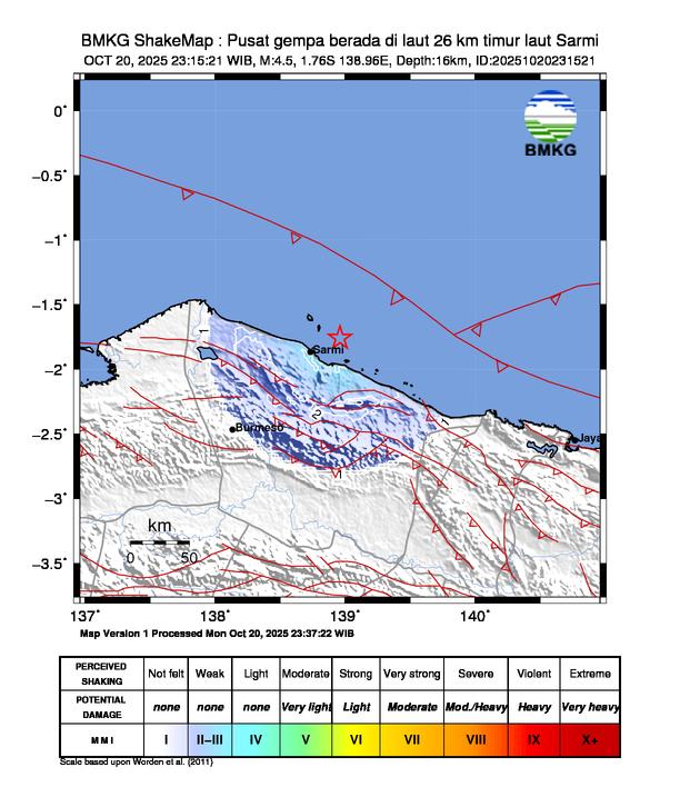 Gempa Magnitudo 4.5, 26km dari Timur Laut Sarmi