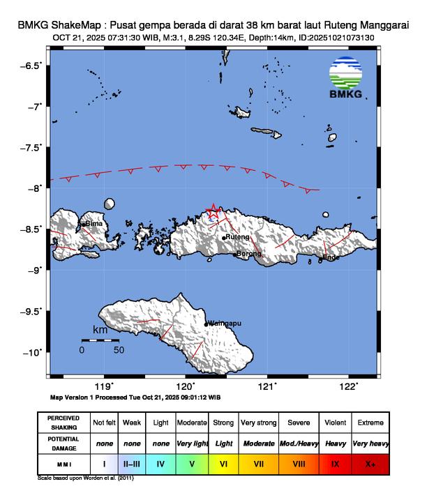 Gempa Magnitudo 3.1, 38km dari Barat Laut Ruteng Manggarai