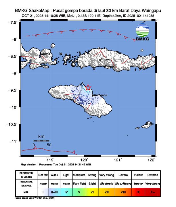 Gempa Magnitudo 4.1, 30km dari Barat Daya Waingapu