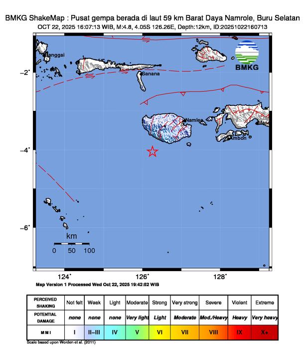 Gempa Magnitudo 4.8, 59km dari Barat Daya Namrole, Buru Selatan