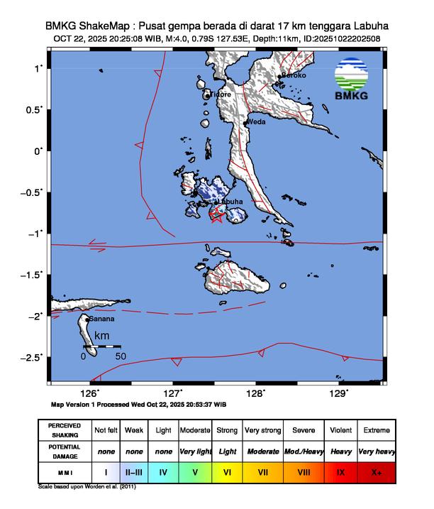 Gempa Magnitudo 4.0, 17km dari Tenggara Labuha