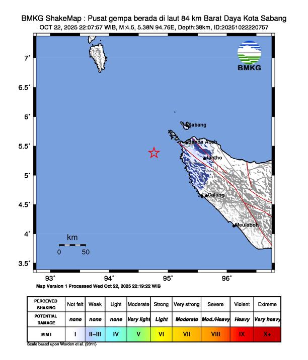 Gempa Magnitudo 4.5, 84km dari Barat Daya Kota Sabang