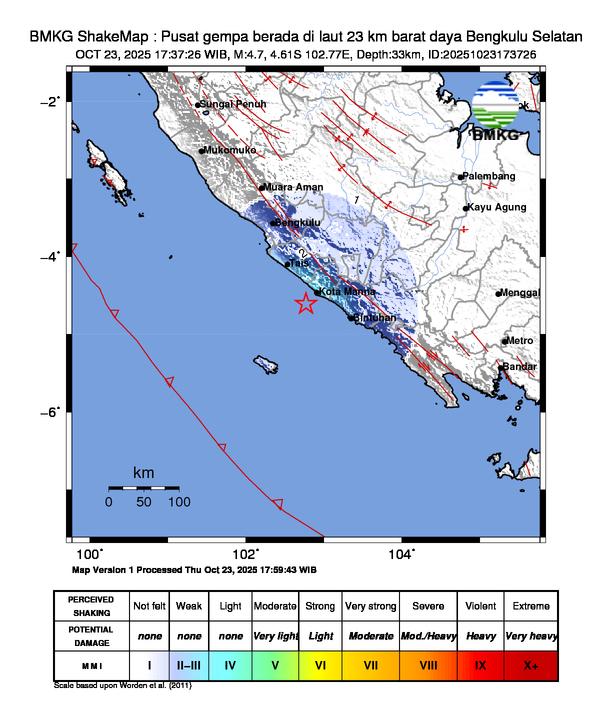 Gempa Magnitudo 4.7, 23km dari Barat Daya Bengkulu Selatan