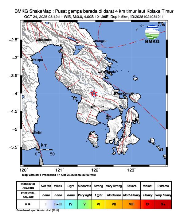Gempa Magnitudo 3.0, 4km dari Timur Laut Kolaka Timur