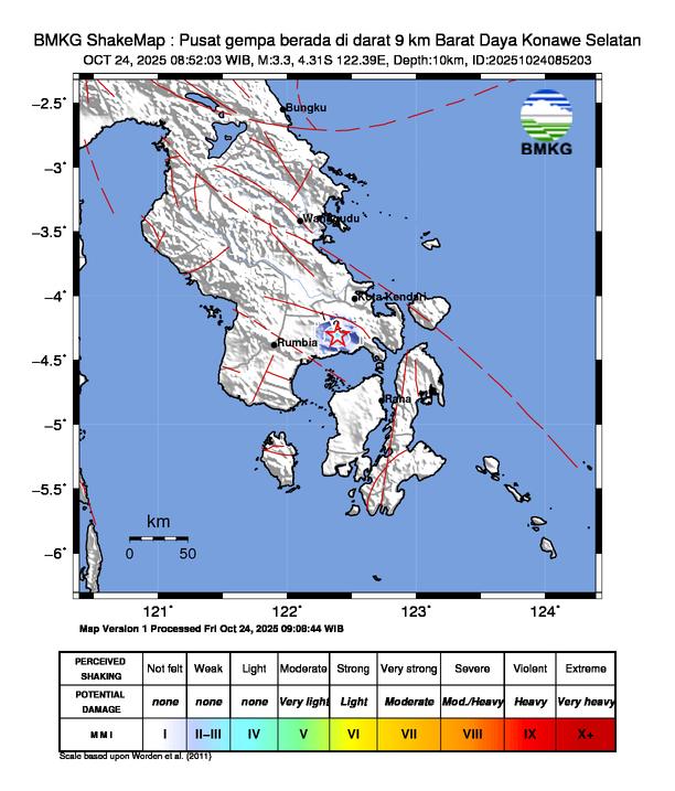 Gempa Magnitudo 3.3, 9km dari Barat Daya Konawe Selatan