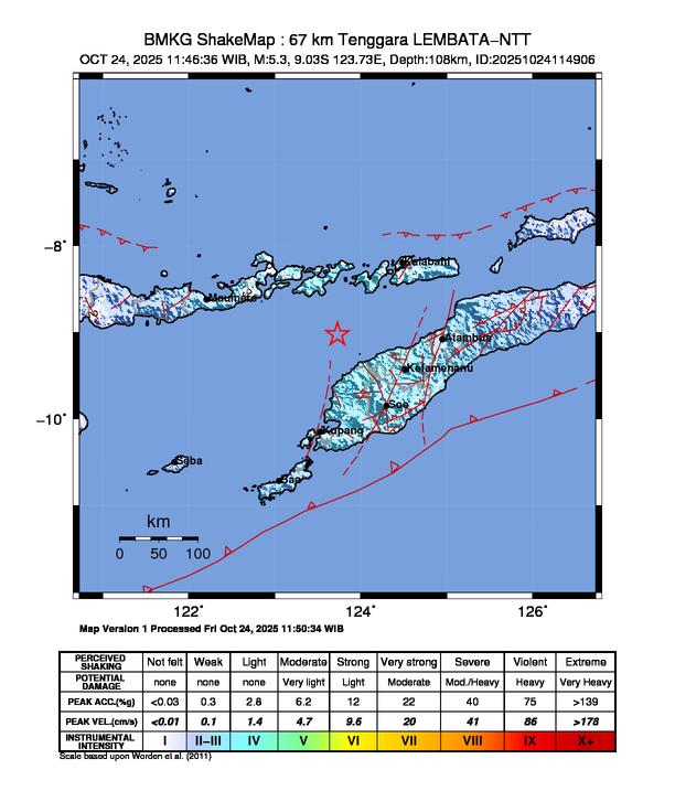Gempa Magnitudo 5.3, 67km dari Tenggara Lembata, NTT