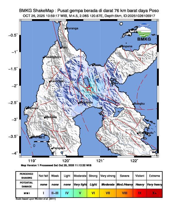 Gempa Magnitudo 4.5, 76km dari Barat Daya Poso