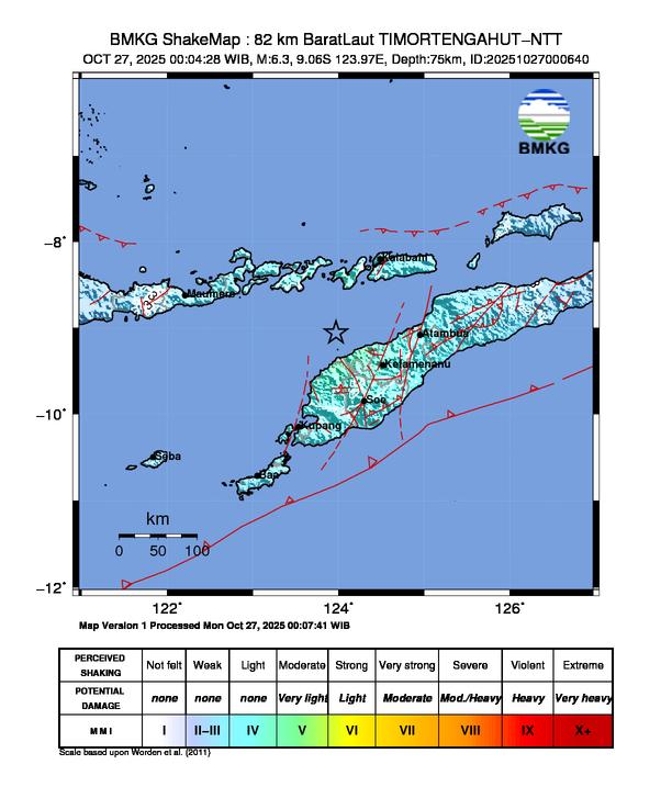 Gempa Magnitudo 6.3, 82km dari Barat Laut Timor Tengah Utara, NTT