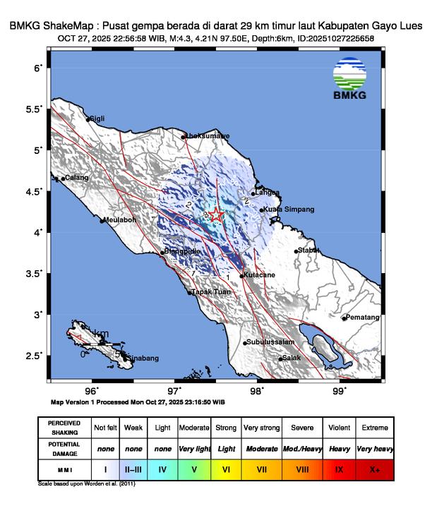Gempa Magnitudo 4.3, 29km dari Timur Laut Kabupaten Gayo Lues