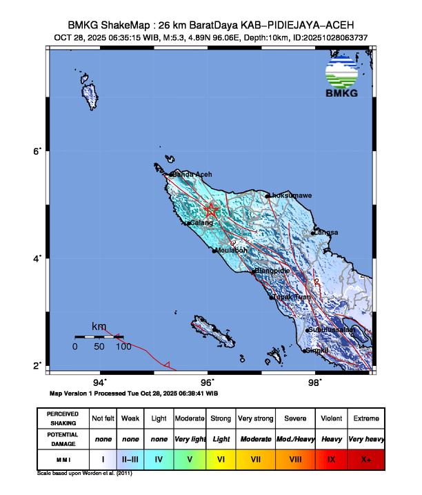 Gempa Magnitudo 5.3, 26km dari Barat Daya Pide Jaya A,ceh