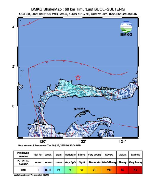 Gempa Magnitudo 5.5, 68km dari Timur Laut Boul Sulawesi Tengah