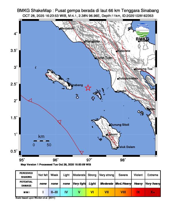 Gempa Magnitudo 4.1, 66km dari Tenggara Sinabang