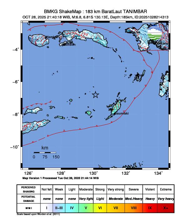 Gempa Magnitudo 6.8, 183km dari Barat Laut Tanimbar