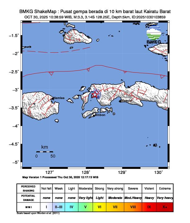 Gempa Magnitudo 3.3, 10km dari Barat Laut Kairatu Barat