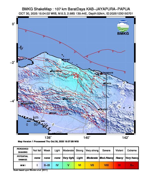 Gempa Magnitudo 5.3, 107km dari Barat Daya Jayapura, Papua