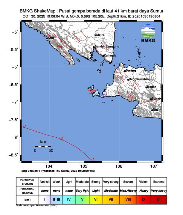 Gempa Magnitudo 4.0, 41km dari Barat Daya Sumur
