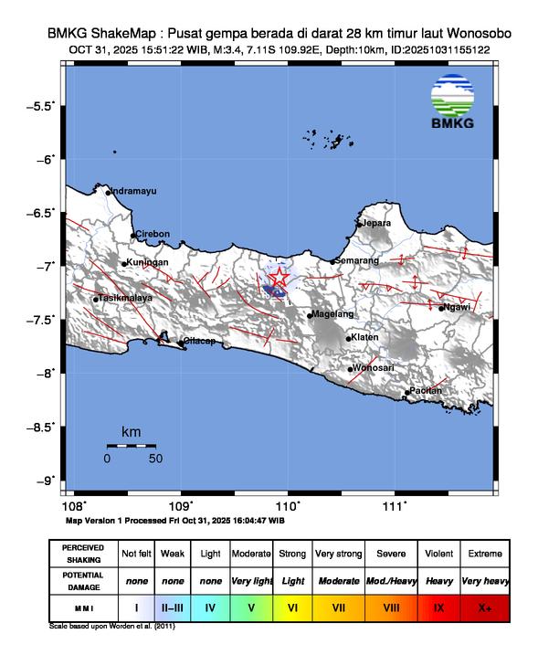 Gempa Magnitudo 3.4, 28km dari Timur Laut Wonosobo