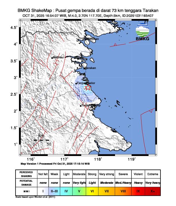 Gempa Magnitudo 4.0, 73km dari dari Tenggara Tarakan