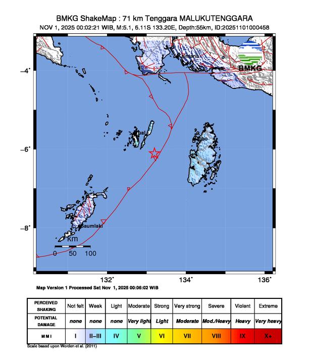 Gempa Magnitudo 5.1, 71km dari Tenggara Maluku Tenggara