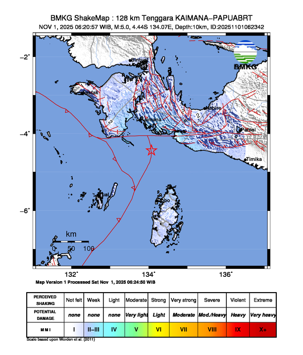 Gempa Magnitudo 5.0, 128km dari Tenggara Kaimana, Papua Barat