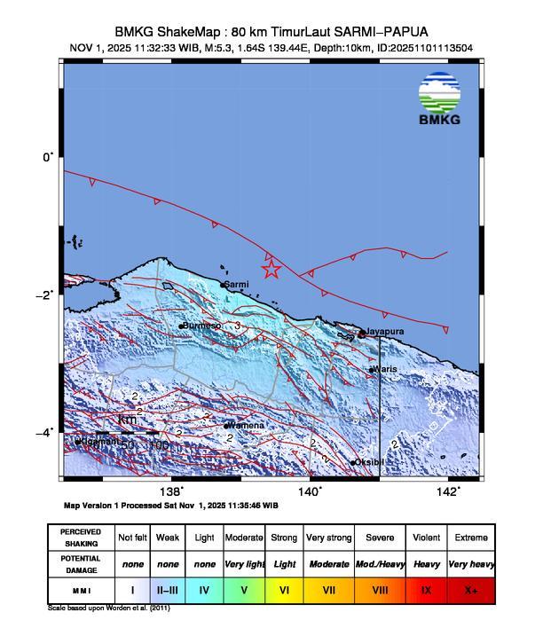Gempa Magnitudo 5.3, 80km dari Timur Laut Sarmi Papua
