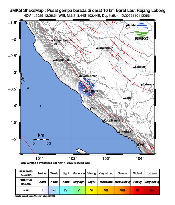 Gempa Magnitudo 3.7, 10km dari Barat Laut Rejang Lebong