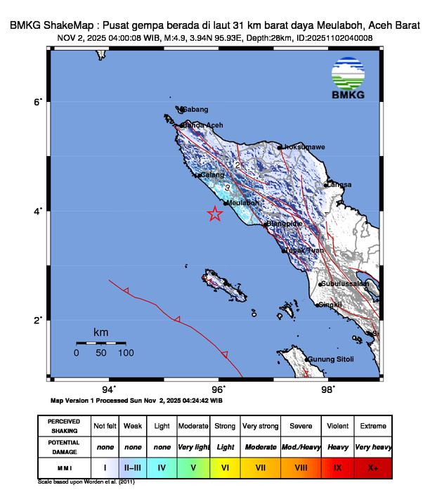Gempa Magnitudo 4.9, 31km dari Barat Daya Meulaboh, Aceh Barat