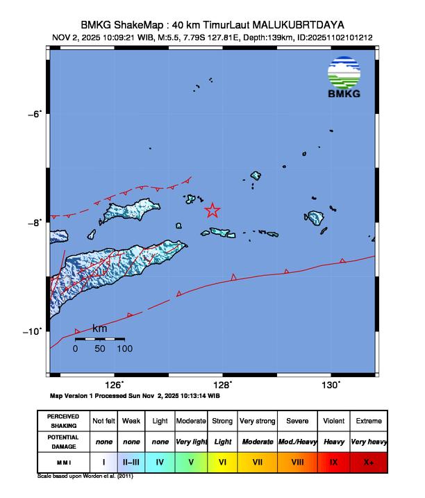 Gempa Magnitudo 5.5, 40km dari Timur Laut Maluku Barat
