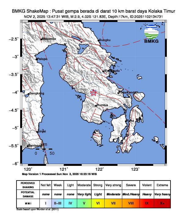 Gempa Magnitudo 2.9, 10km dari Barat Daya Kolaka Timur