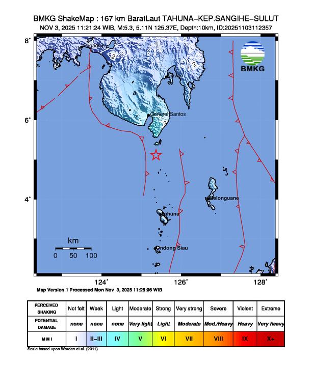 Gempa Magnitudo 5.3, 167km dari Barat Laut Tahuna Kepulauan Sangihe