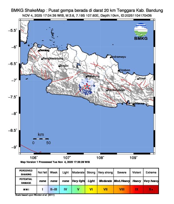 Gempa Magnitudo 3.6, 20km dari Tenggara Kab. Bandung