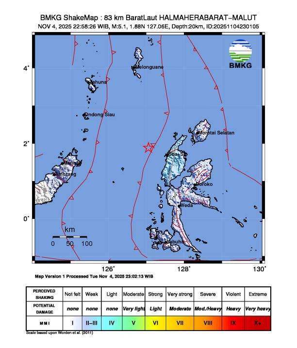 Gempa Magnitudo 5.1, 83km dari BaratLaut Halmahera Barat