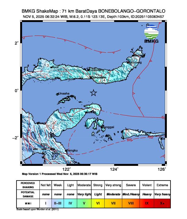 Gempa Magnitudo 6.2, 71km dari Barat Daya Bone Bolango