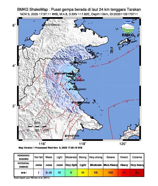 Gempa Magnitudo 4.8, 24km dari dari Tenggara Tarakan