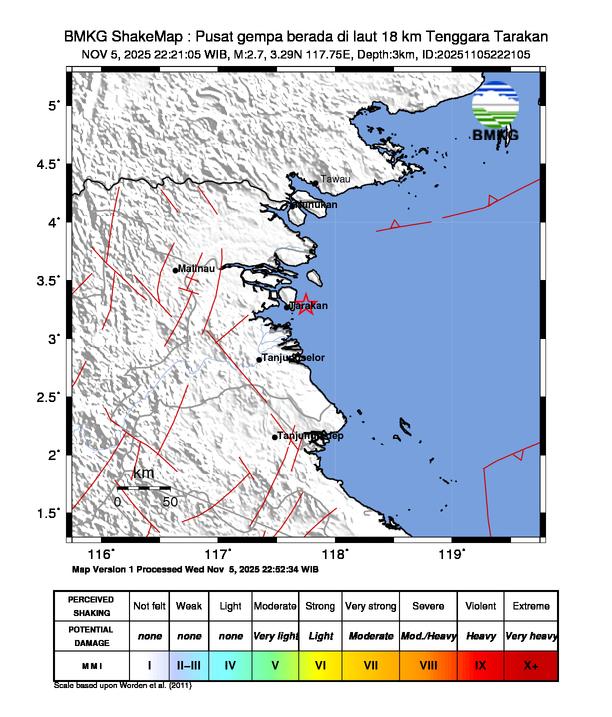 Gempa Magnitudo 2.7, 18km dari dari Tenggara Tarakan