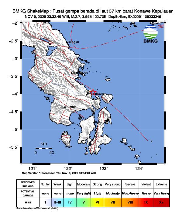 Gempa Magnitudo 2.7, 37km dari Barat Konawe Kepulauan