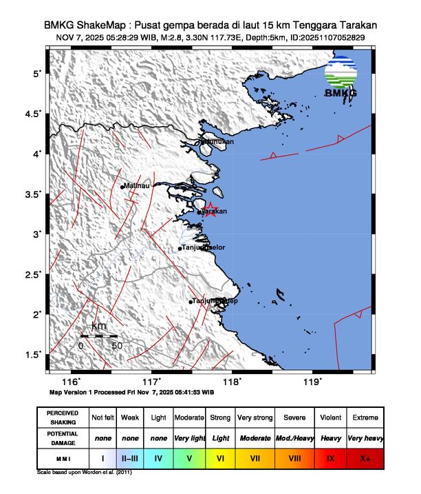 Gempa Magnitudo 2.8, 15km dari dari Tenggara Tarakan
