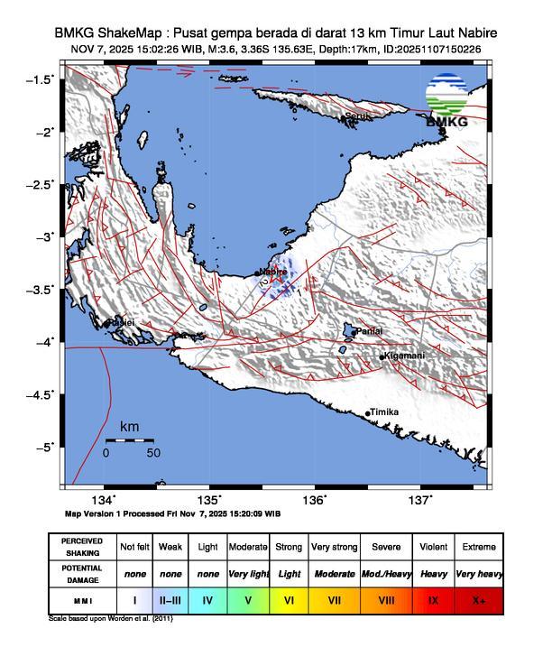 Gempa Magnitudo 3.6, 13km dari Timur Laut Nabire